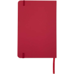 Caderno A5 com fecho elástico e fita da mesma cor, páginas pontilhadas cor vermelho segunda vista traseira