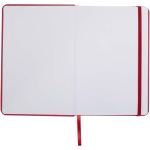 Caderno A5 com fecho elástico e fita da mesma cor, páginas pontilhadas cor vermelho terceira vista frontal