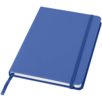 Caderno A5 com fecho elástico e fita da mesma cor, páginas pontilhadas cor azul real