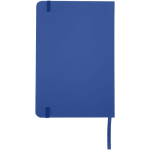 Caderno A5 com fecho elástico e fita da mesma cor, páginas pontilhadas cor azul real segunda vista traseira