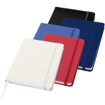Caderno A5 com fecho elástico e fita da mesma cor, páginas pontilhadas cor azul real segunda vista várias cores