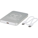 Power bank magnética compacta com carregamento sem fios 5.000 mAh cor prateado vista impressa logo 2