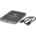 Power bank magnética compacta com carregamento sem fios 5.000 mAh cor prateado brilhante vista impressa logo 2
