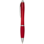 Caneta de plástico reciclado com pega, tinta preta cor vermelho vista lateral
