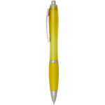 Caneta de plástico reciclado com pega, tinta preta cor amarelo vista lateral