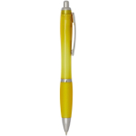 Caneta de plástico reciclado com pega, tinta preta cor amarelo segunda vista com lateral