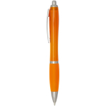 Caneta de plástico reciclado com pega, tinta preta cor cor-de-laranja vista lateral