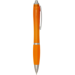 Caneta de plástico reciclado com pega, tinta preta cor cor-de-laranja segunda vista com lateral