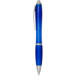 Caneta de plástico reciclado com pega, tinta preta cor azul real vista lateral