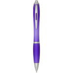 Caneta de plástico reciclado com pega, tinta preta cor roxo