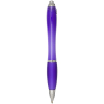 Caneta de plástico reciclado com pega, tinta preta cor roxo segunda vista traseira