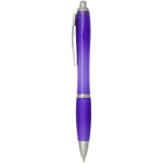 Caneta de plástico reciclado com pega, tinta preta cor roxo vista lateral