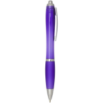 Caneta de plástico reciclado com pega, tinta preta cor roxo segunda vista com lateral