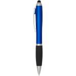 Caneta de mecanismo rotativo com ponteiro e pega suave, tinta azul cor azul real vista lateral