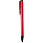 Caneta de alumínio reciclado com mecanismo rotativo e tinta azul cor vermelho vista lateral