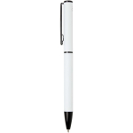 Caneta de alumínio reciclado com mecanismo rotativo e tinta azul cor branco vista lateral