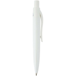 Mini caneta em plástico reciclado RCS com tinta azul cor branco segunda vista com lateral