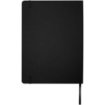 Caderno A4 capa dura com fecho elástico e pele sintética, pautado cor preto segunda vista traseira