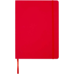 Caderno A4 capa dura com fecho elástico e pele sintética, pautado cor vermelho segunda vista frontal