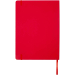 Caderno A4 capa dura com fecho elástico e pele sintética, pautado cor vermelho segunda vista traseira