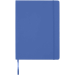 Caderno A4 capa dura com fecho elástico e pele sintética, pautado cor azul real segunda vista frontal