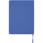 Caderno A4 capa dura com fecho elástico e pele sintética, pautado cor azul real segunda vista traseira