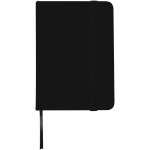 Caderno A7 capa dura em pele sintética com fecho elástico e pautado cor preto segunda vista frontal