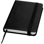 Caderno A7 capa dura em pele sintética com fecho elástico e pautado cor preto