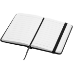 Caderno A7 capa dura em pele sintética com fecho elástico e pautado cor preto segunda vista