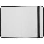Caderno A7 capa dura em pele sintética com fecho elástico e pautado cor preto terceira vista frontal