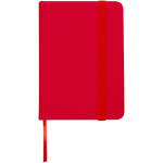 Caderno A7 capa dura em pele sintética com fecho elástico e pautado cor vermelho segunda vista frontal