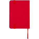 Caderno A7 capa dura em pele sintética com fecho elástico e pautado cor vermelho segunda vista traseira