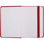 Caderno A7 capa dura em pele sintética com fecho elástico e pautado cor vermelho terceira vista frontal