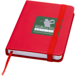 Caderno A7 capa dura em pele sintética com fecho elástico e pautado cor vermelho vista impressão tampografia