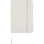Caderno A7 capa dura em pele sintética com fecho elástico e pautado cor branco segunda vista frontal