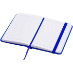 Caderno A7 capa dura em pele sintética com fecho elástico e pautado cor azul real segunda vista