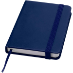 Caderno A7 capa dura em pele sintética com fecho elástico e pautado cor azul-marinho