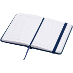 Caderno A7 capa dura em pele sintética com fecho elástico e pautado cor azul-marinho segunda vista
