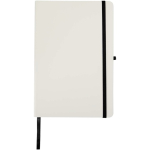 Caderno A5 capa dura com fecho elástico e toque suave, folhas pautadas cor preto segunda vista frontal