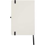 Caderno A5 capa dura com fecho elástico e toque suave, folhas pautadas cor preto segunda vista traseira