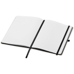 Caderno A5 capa dura com fecho elástico e toque suave, folhas pautadas cor preto segunda vista