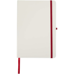 Caderno A5 capa dura com fecho elástico e toque suave, folhas pautadas cor vermelho segunda vista frontal