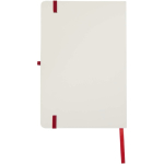 Caderno A5 capa dura com fecho elástico e toque suave, folhas pautadas cor vermelho segunda vista traseira