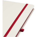Caderno A5 capa dura com fecho elástico e toque suave, folhas pautadas cor vermelho vista detalhe 1