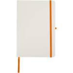 Caderno A5 capa dura com fecho elástico e toque suave, folhas pautadas cor cor-de-laranja segunda vista frontal
