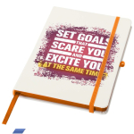Caderno A5 capa dura com fecho elástico e toque suave, folhas pautadas cor cor-de-laranja