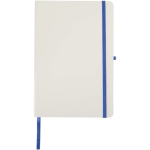 Caderno A5 capa dura com fecho elástico e toque suave, folhas pautadas cor azul real segunda vista frontal