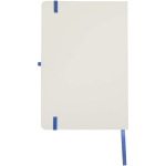 Caderno A5 capa dura com fecho elástico e toque suave, folhas pautadas cor azul real segunda vista traseira