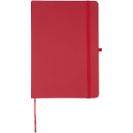 Conjunto de caderno A5 de capa rígida e caneta de tinta azul cor vermelho segunda vista frontal