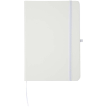 Conjunto de caderno A5 de capa rígida e caneta de tinta azul cor branco segunda vista frontal